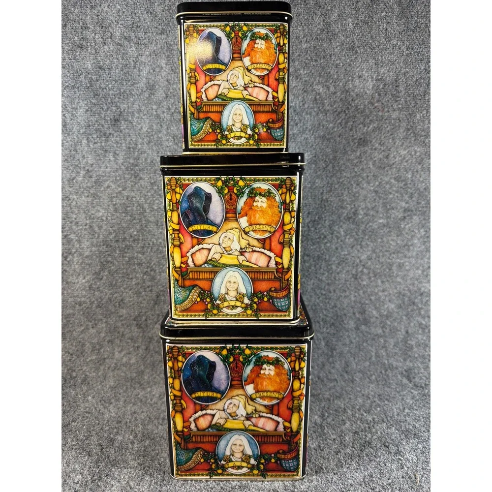 Vintage 1987 Enesco A Christmas Carol Stacking Nesting Tins Set of 3 Scrooge
